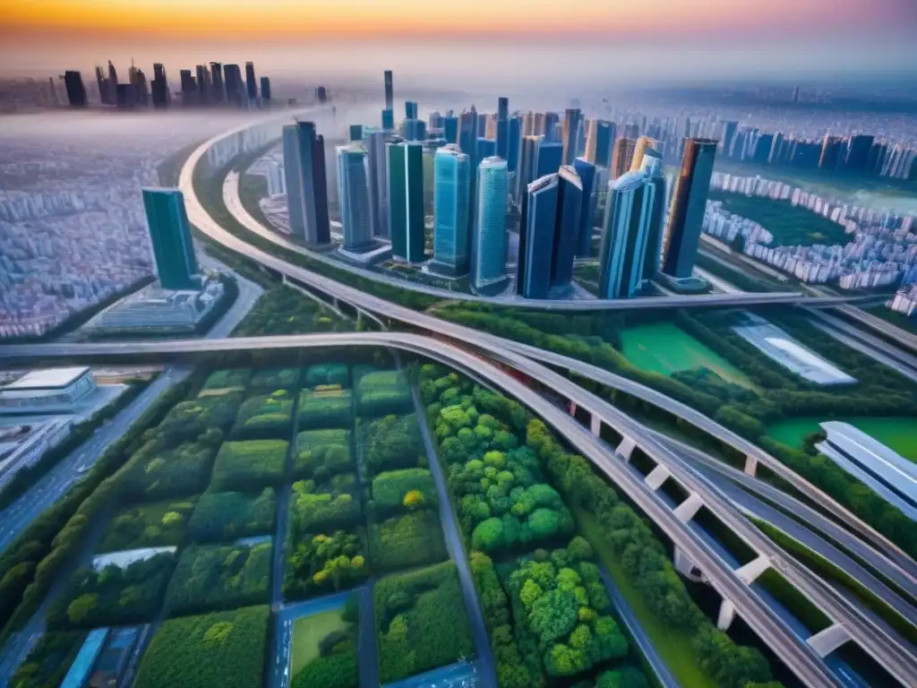 Metrópolis en desarrollo: impacto urbano y crecimiento inmobiliario Vista aérea impactante de una ciudad moderna con rascacielos y vegetación, reflejando el cambio demográfico en el mercado inmobiliario