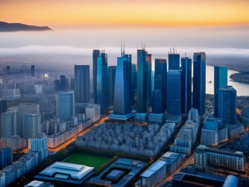 Espectacular panorama urbano: éxito financiero en la ciudad Vista aérea impactante de una ciudad bulliciosa con rascacielos modernos, simbolizando éxito financiero y la importancia del puntaje de crédito