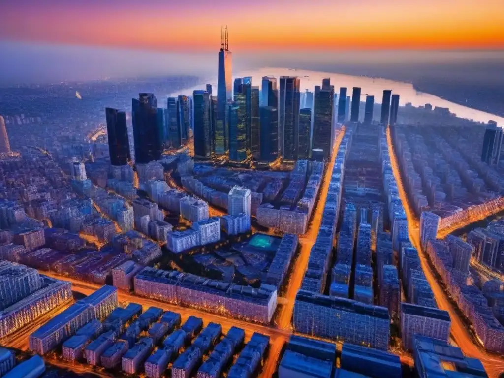 Metrópolis dorada: ciudad moderna al atardecer Vista aérea impactante de ciudad atardecer con rascacielos modernos y calles llenas de autos, con luces urbanas encendidas