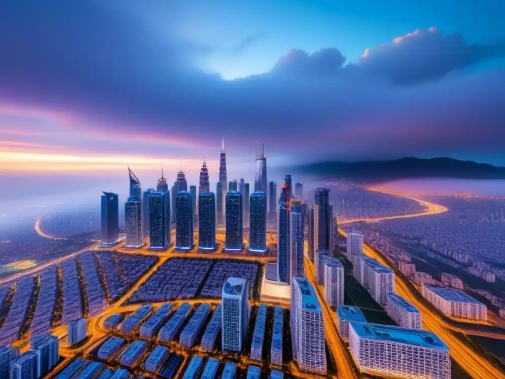 Metrópolis futurista: arquitectura innovadora en proyectos monumentales Vista aérea impactante de una ciudad futurista con rascacielos imponentes y diseños arquitectónicos innovadores, mostrando la grandeza y escala de proyectos inmobiliarios monumentales