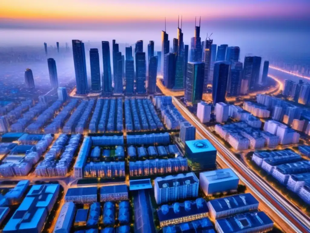 Vista aérea impactante de metrópolis moderna y segura Vista aérea impactante de una ciudad moderna con rascacielos, calles bulliciosas y espacios verdes, destacando el impacto de seguros en bienes raíces