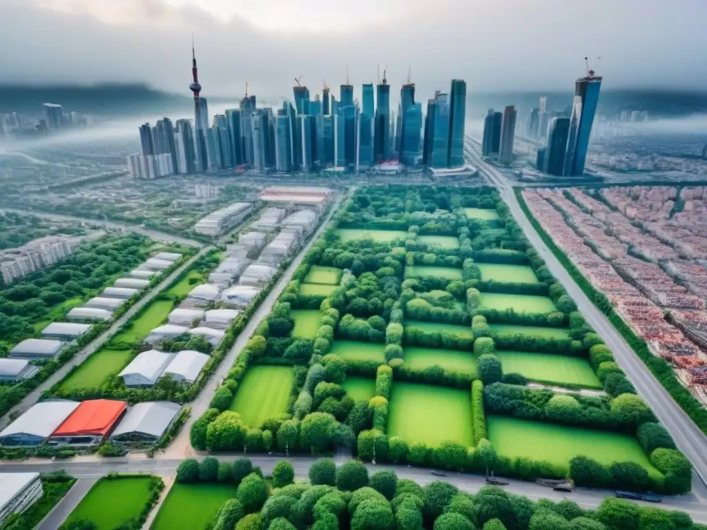 Metrópolis en crecimiento: skyline moderno y próspero Vista aérea impactante de una ciudad en crecimiento con rascacielos modernos, calles llenas de autos y áreas verdes