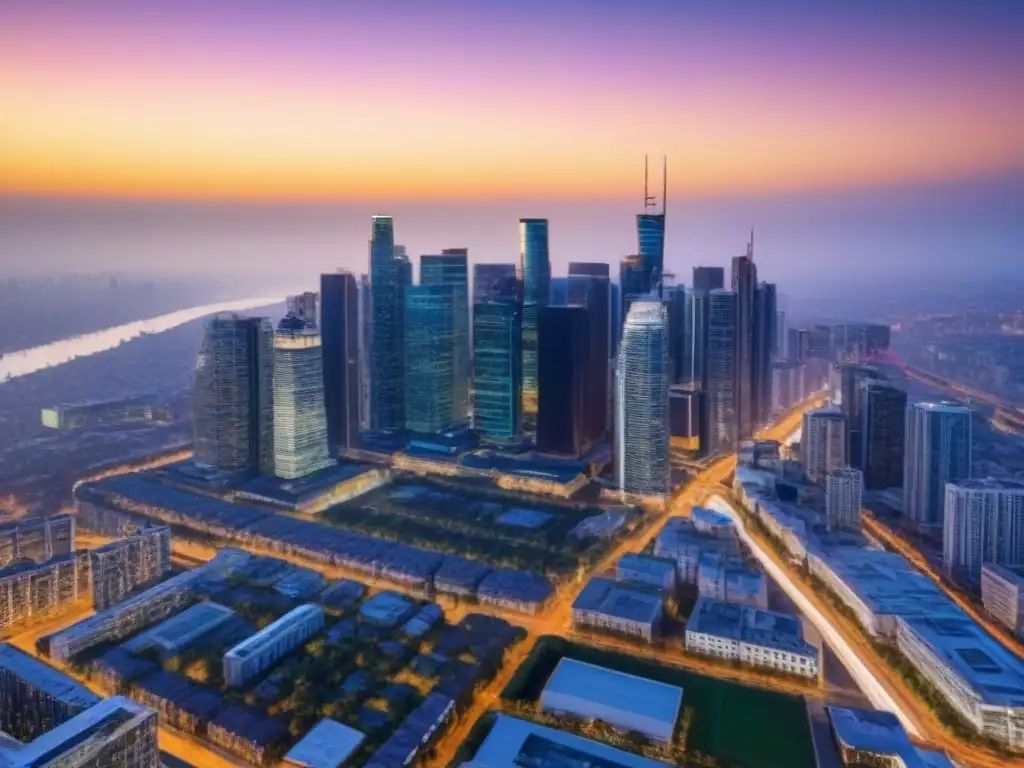 Vibrante skyline urbano al anochecer: inversión inmobiliaria en metrópolis Vista aérea impactante de ciudad moderna al atardecer con diversificación inversión bienes raíces
