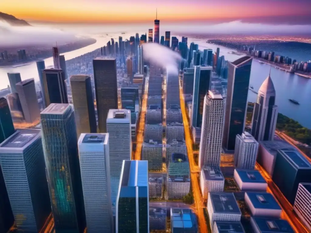 Distrito financiero global: reflejos y velocidad Vista aérea impactante de un distrito financiero global bullicioso, reflejando rascacielos y autopistas llenas de vehículos