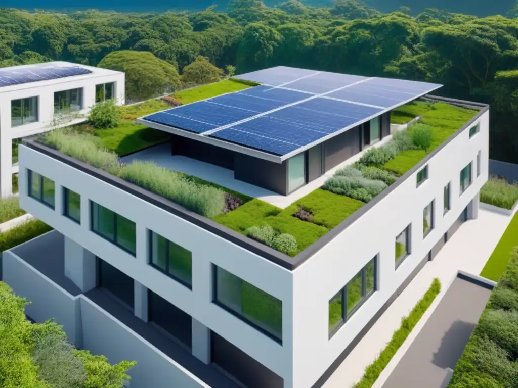 Edificio sostenible: integrando la naturaleza en la arquitectura moderna Vista aérea impactante de edificio sostenible con techo verde y paneles solares, integrando el financiamiento verde industria inmobiliaria