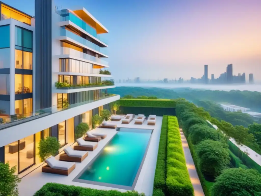 Vista aérea impactante de un edificio de diseño arquitectónico en bienes raíces de lujo en el centro de la ciudad