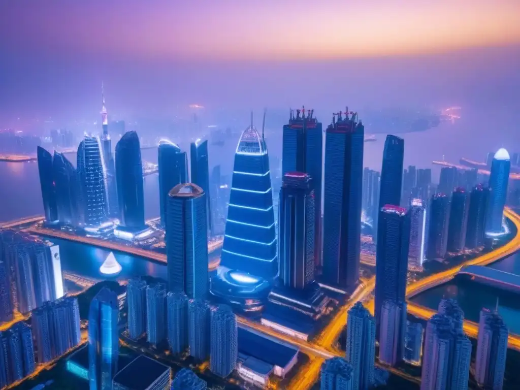 Horizonte futurista en ciudad asiática: innovación inmobiliaria Vista aérea impactante de un horizonte futurista en una bulliciosa ciudad asiática, con rascacielos innovadores y tecnología avanzada