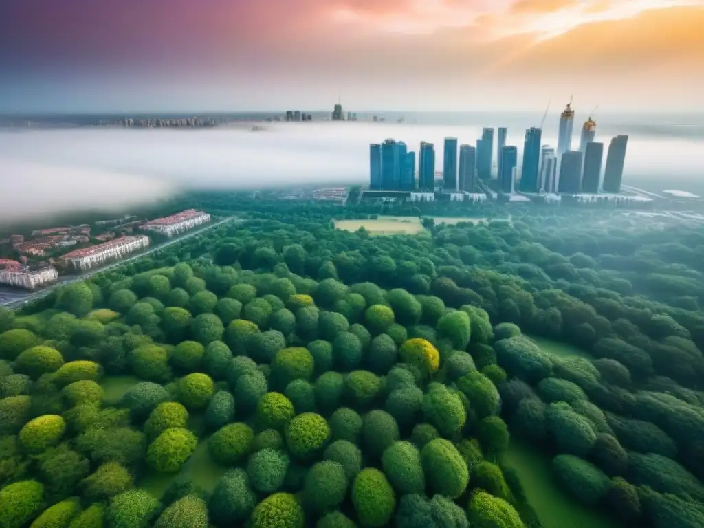 Arquitectura moderna en ciudad: impacto de políticas de vivienda Vista aérea impactante de modernos edificios residenciales en armonía con la naturaleza y las políticas de vivienda sector inmobiliario