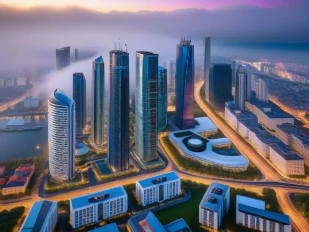Vibrante ciudad: economía y mercado inmobiliario interconectados Vista aérea de impacto económico en ciudad: rascacielos, viviendas y comercios, reflejando dinamismo y conectividad urbana