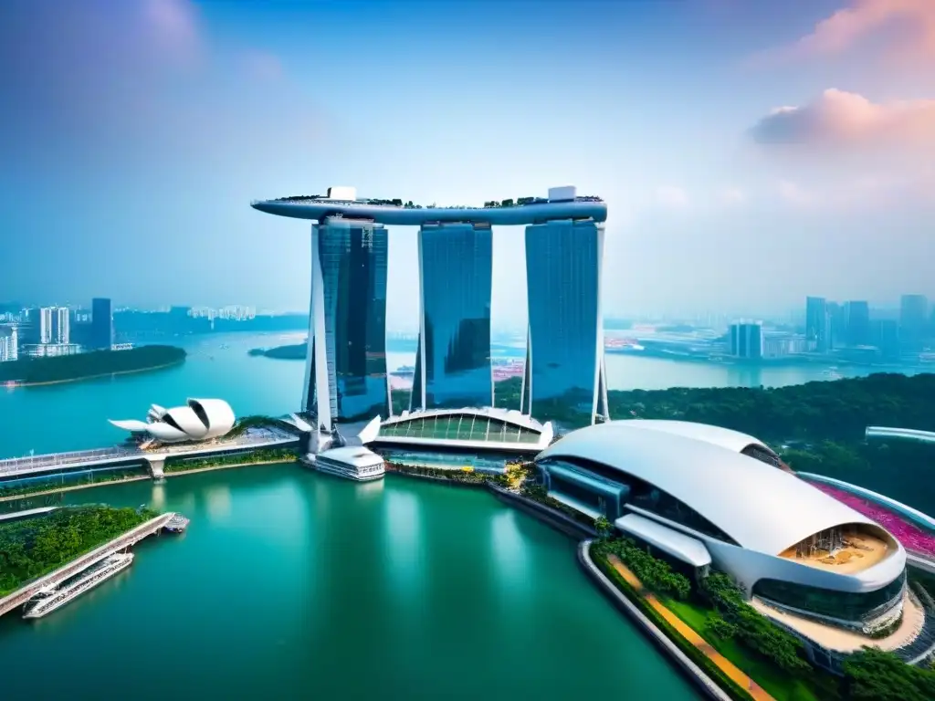 Marina Bay Sands: arquitectura futurista en Singapur Vista aérea impresionante de Marina Bay Sands en Singapur, destacando su arquitectura futurista y paisaje urbano, con ventajas financiamiento inmobiliario Singapur