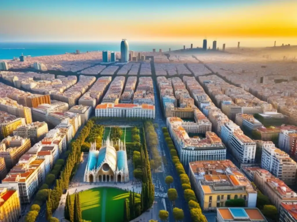 Espléndido atardecer en Barcelona: historia y modernidad junto al mar Vista aérea impresionante de Barcelona al atardecer, con arquitectura histórica y rascacielos modernos