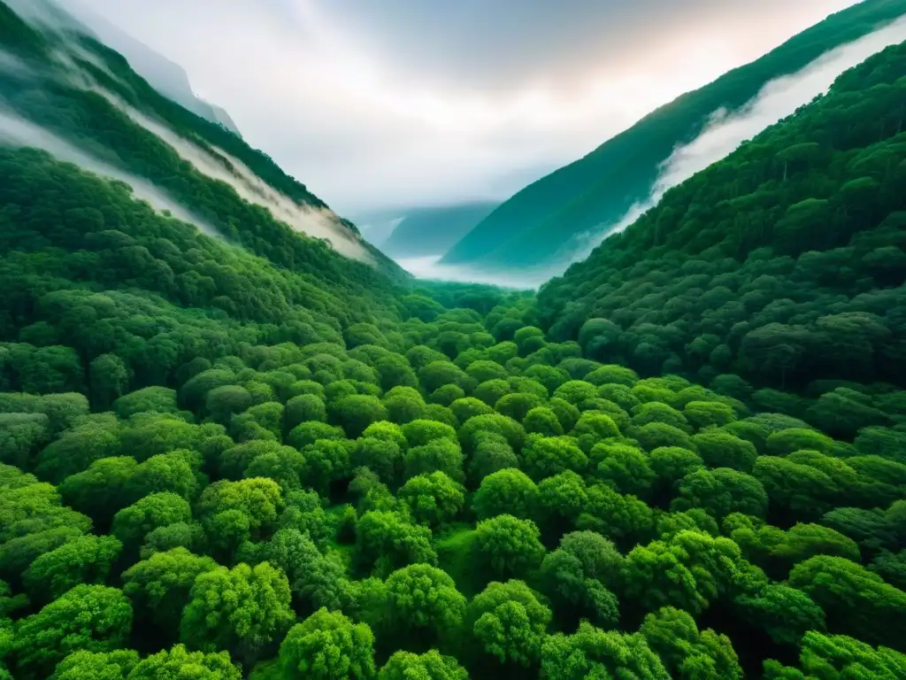 Esplendor verde: bosque aéreo cautivador Vista aérea impresionante de un bosque verde exuberante con la luz del sol filtrándose entre las hojas, creando un juego fascinante de luces y sombras