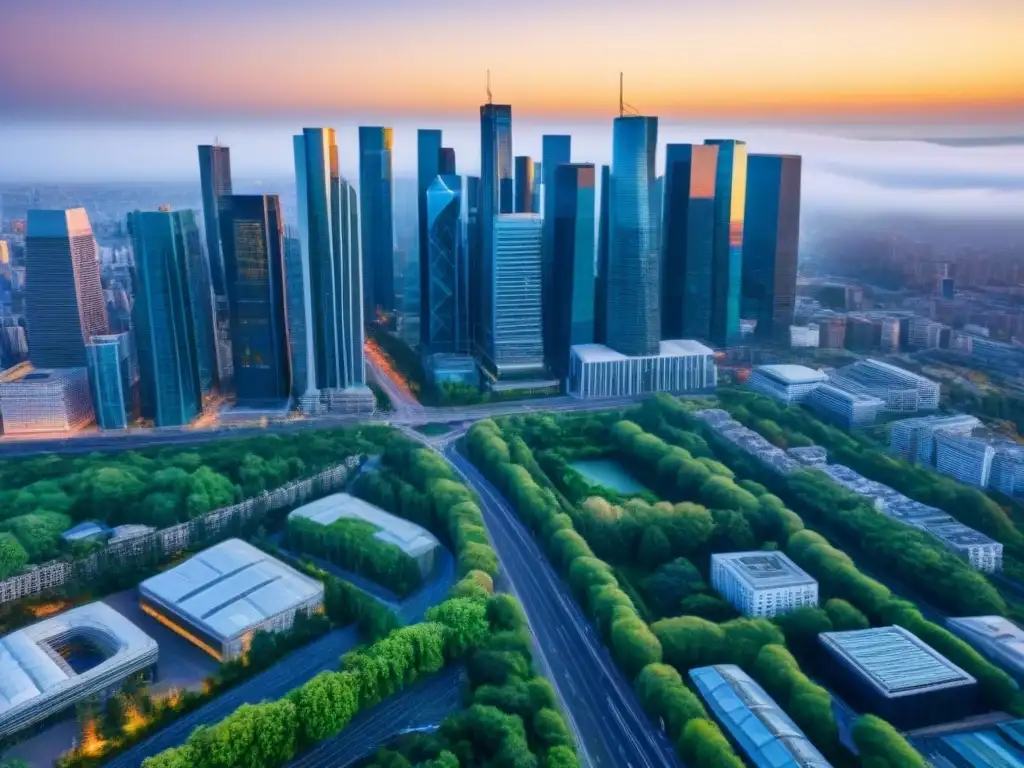Vista aérea impactante de moderna ciudad en crecimiento Vista aérea impresionante de una bulliciosa ciudad con rascacielos, calles llenas de tráfico y vegetación