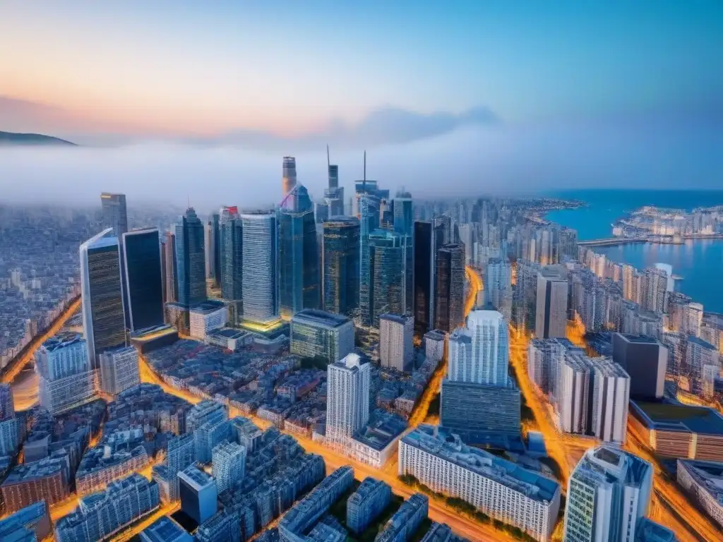 Metropolis financiera: skyline urbano enérgico Vista aérea impresionante de una bulliciosa ciudad con rascacielos, reflejando un distrito financiero urbano moderno