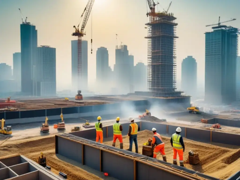 Espectacular construcción de rascacielos en una ciudad vibrante Vista aérea impresionante de un bullicioso sitio de construcción con un moderno rascacielos en proceso