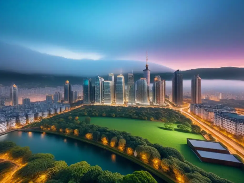 Metrópolis vibrante: arquitectura moderna y espacios verdes Vista aérea impresionante de una ciudad bulliciosa con rascacielos y edificios residenciales, mezclando arquitectura moderna y espacios verdes, ideal para inversores en inmuebles