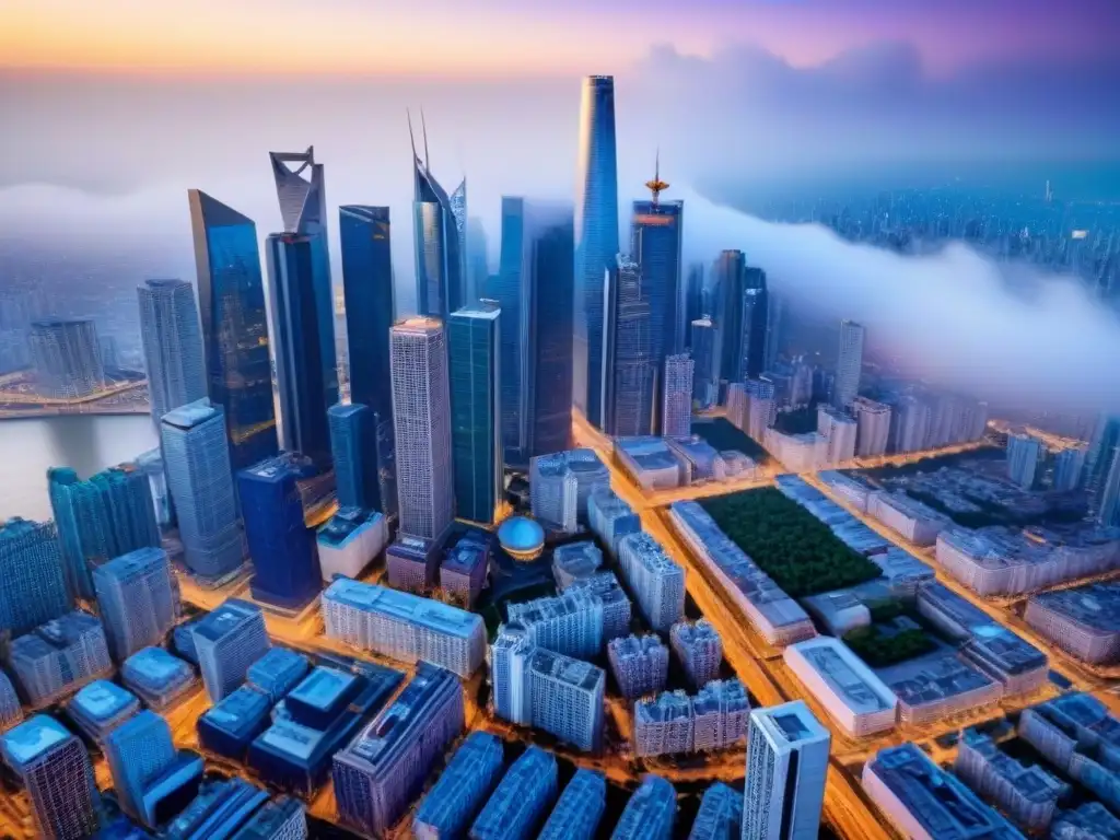 Metrópolis vibrante: inversión inmobiliaria en ciudad cosmopolita Vista aérea impresionante de una ciudad bulliciosa con rascacielos imponentes y un mercado inmobiliario vibrante en auge