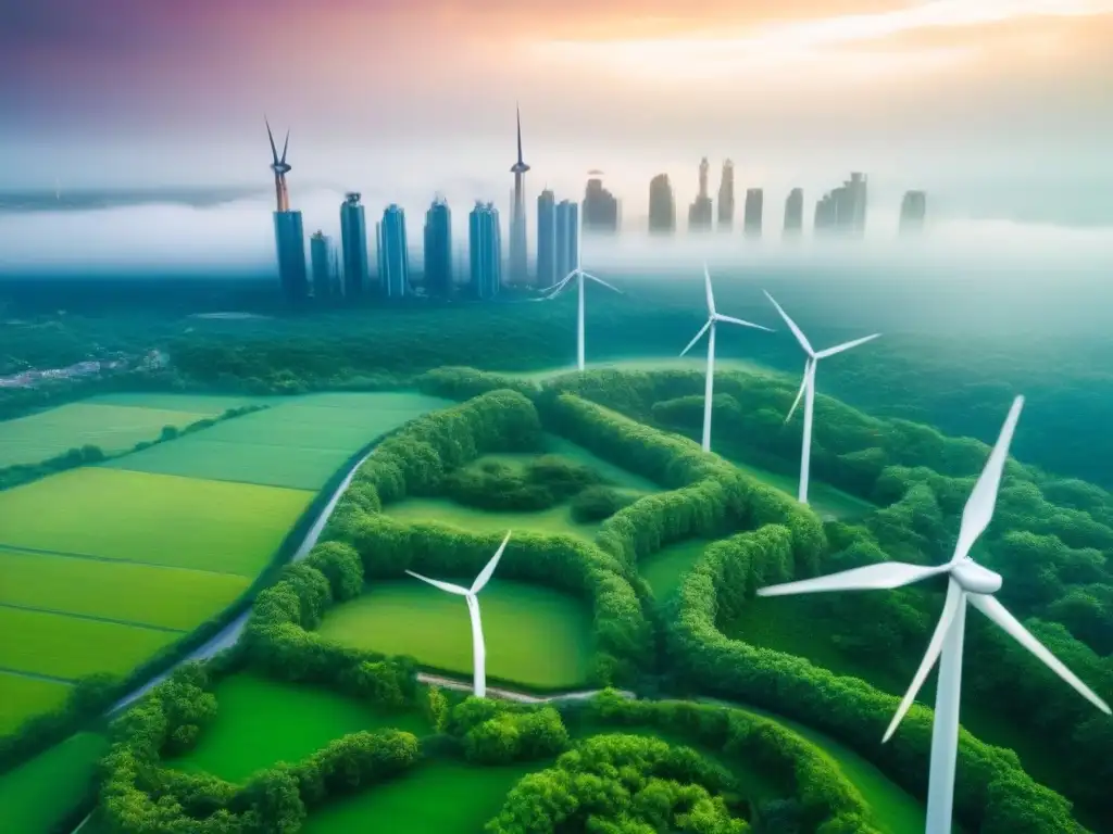 Cityscape sostenible: arquitectura eco y naturaleza Vista aérea impresionante de una ciudad sostenible con edificios ecoamigables, áreas verdes, paneles solares y turbinas eólicas