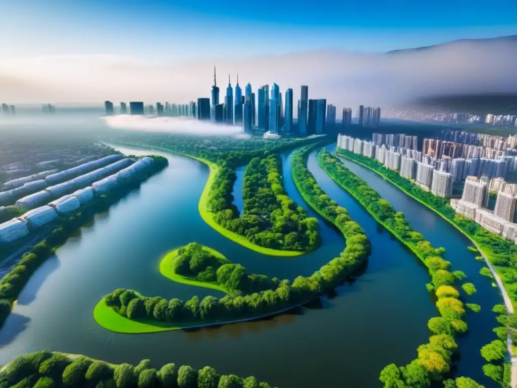 Vista aérea impresionante de una ciudad moderna con rascacielos y parques, reflejando la integración de la tecnología y la naturaleza en el mercado inmobiliario
