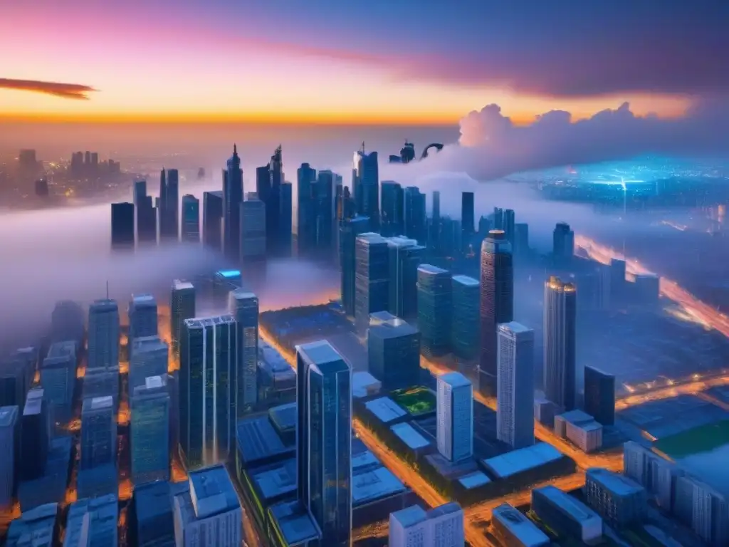 Metrópolis futurista: gestión inmobiliaria en la nube Una vista aérea impresionante de una ciudad futurista con gestión de propiedades en la nube integrada