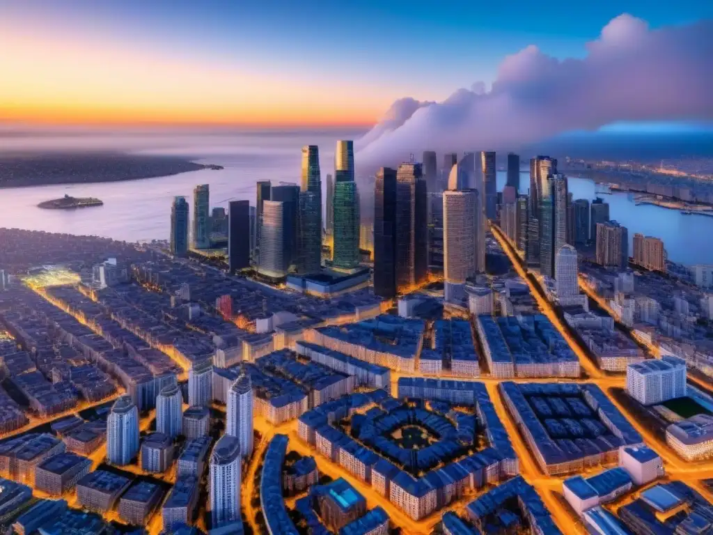 Inversión inmobiliaria: ciudad moderna al atardecer Vista aérea impresionante de una ciudad al atardecer con rascacielos y edificios residenciales, simbolizando la inversión en crowdfunding inmobiliario