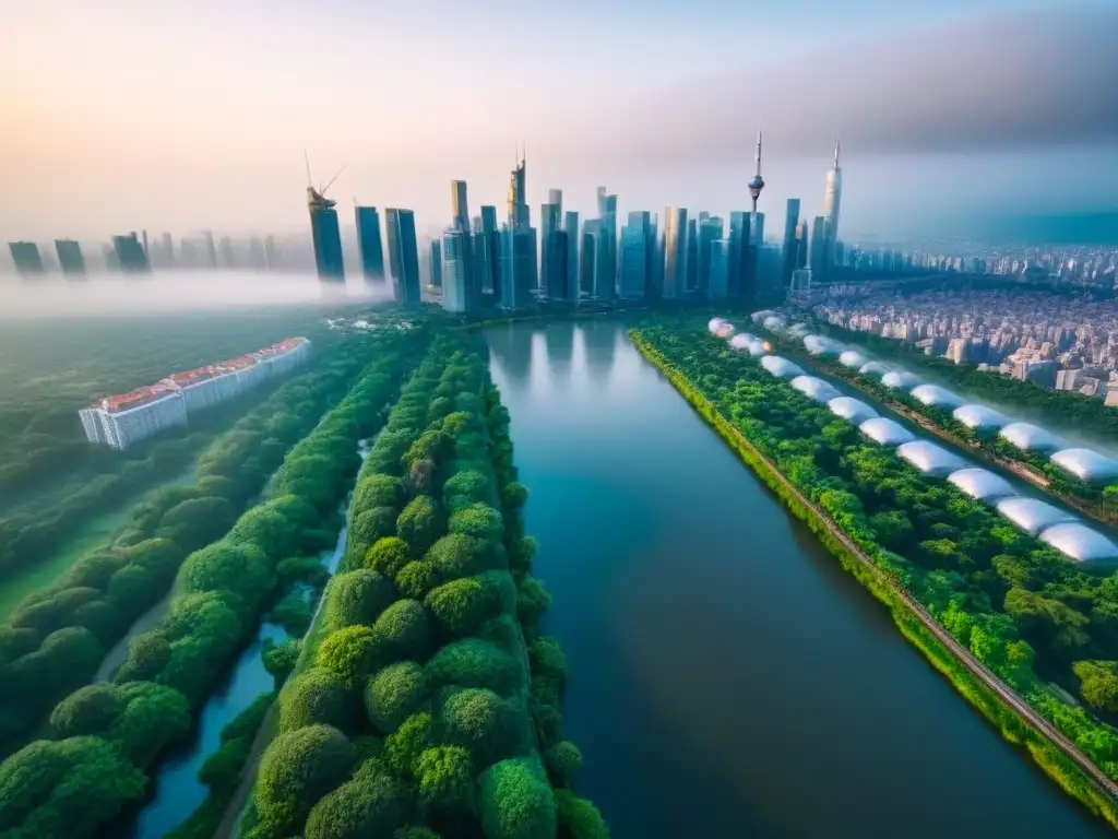Metrópolis moderna rodeada de naturaleza exuberante Vista aérea impresionante de una ciudad bulliciosa rodeada de rascacielos y naturaleza exuberante