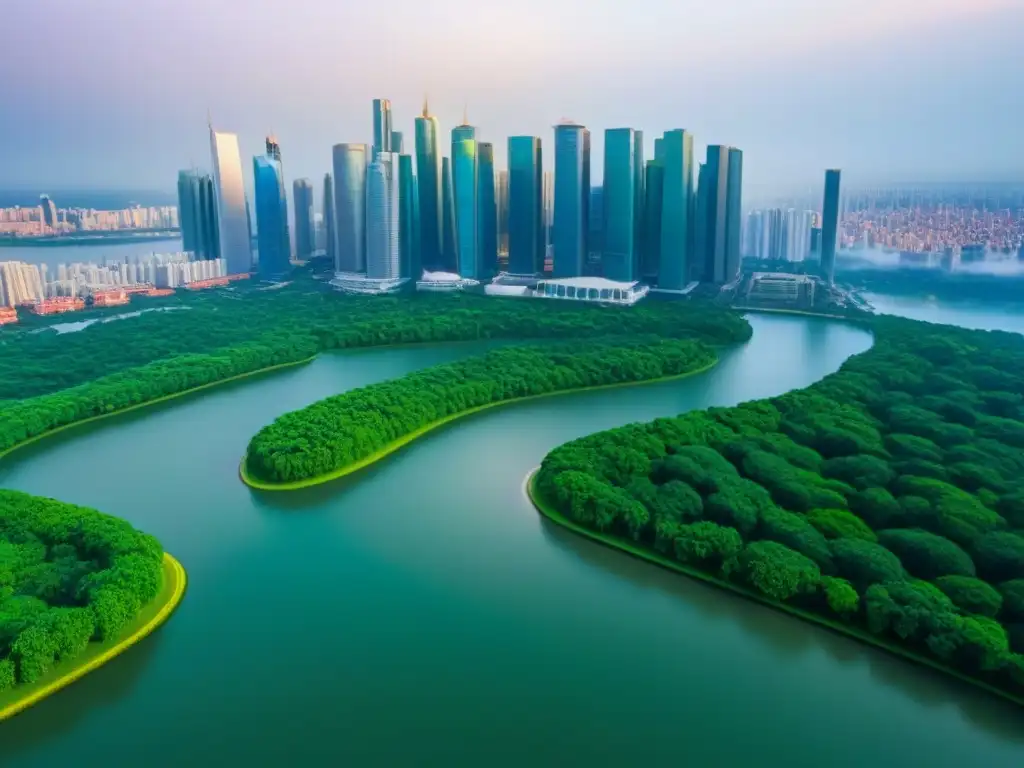 Metrópolis moderna: arquitectura y naturaleza en armonía Vista aérea impresionante de ciudad moderna con rascacielos y parques verdes, reflejando la importancia REITs en inversiones inmobiliarias