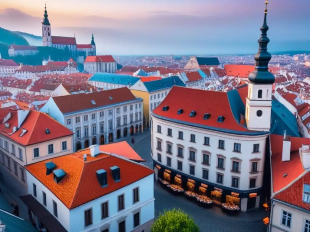 Encanto histórico y modernidad: ciudad de Europa del Este Vista aérea impresionante de una ciudad histórica en Europa del Este, con tejados coloridos y calles empedradas, fusionando lo antiguo y lo moderno
