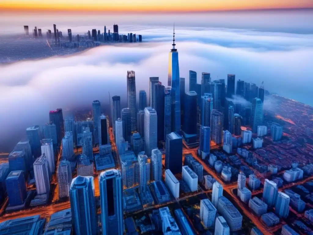 Oportunidades de inversión inmobiliaria: metrópolis vibrante al atardecer Vista aérea impresionante de una ciudad llena de rascacielos y maravillas arquitectónicas, reflejando estrategias inversión inmobiliaria global