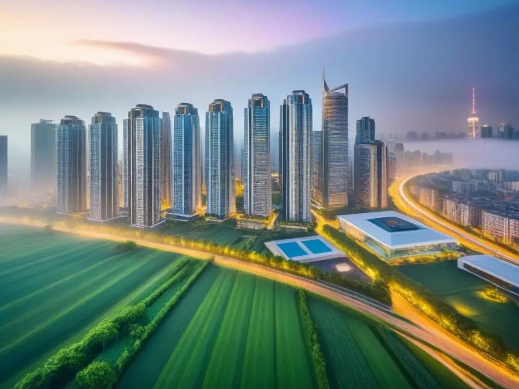 Vibrante ciudad moderna: evolución del mercado inmobiliario Vista aérea impresionante de ciudad moderna con rascacielos y espacios verdes