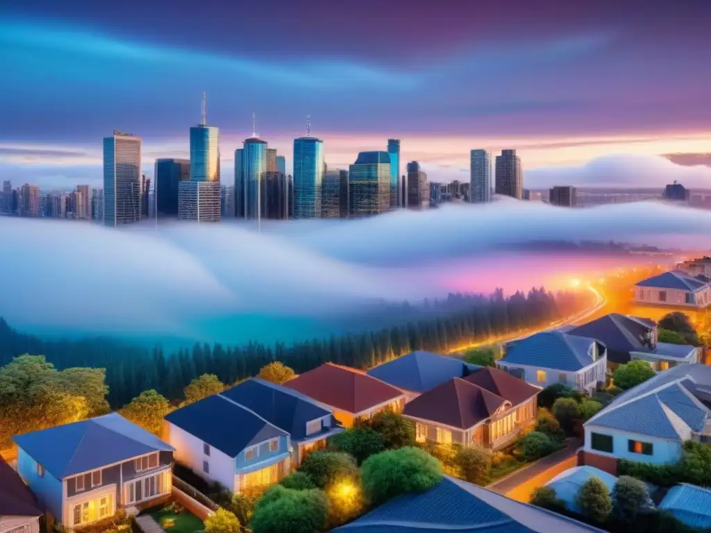 Real Estate: La diversidad urbana y el desafío de encontrar hogar Vista aérea impresionante de una ciudad con diversidad arquitectónica, reflejando el mercado inmobiliario y acceso a vivienda