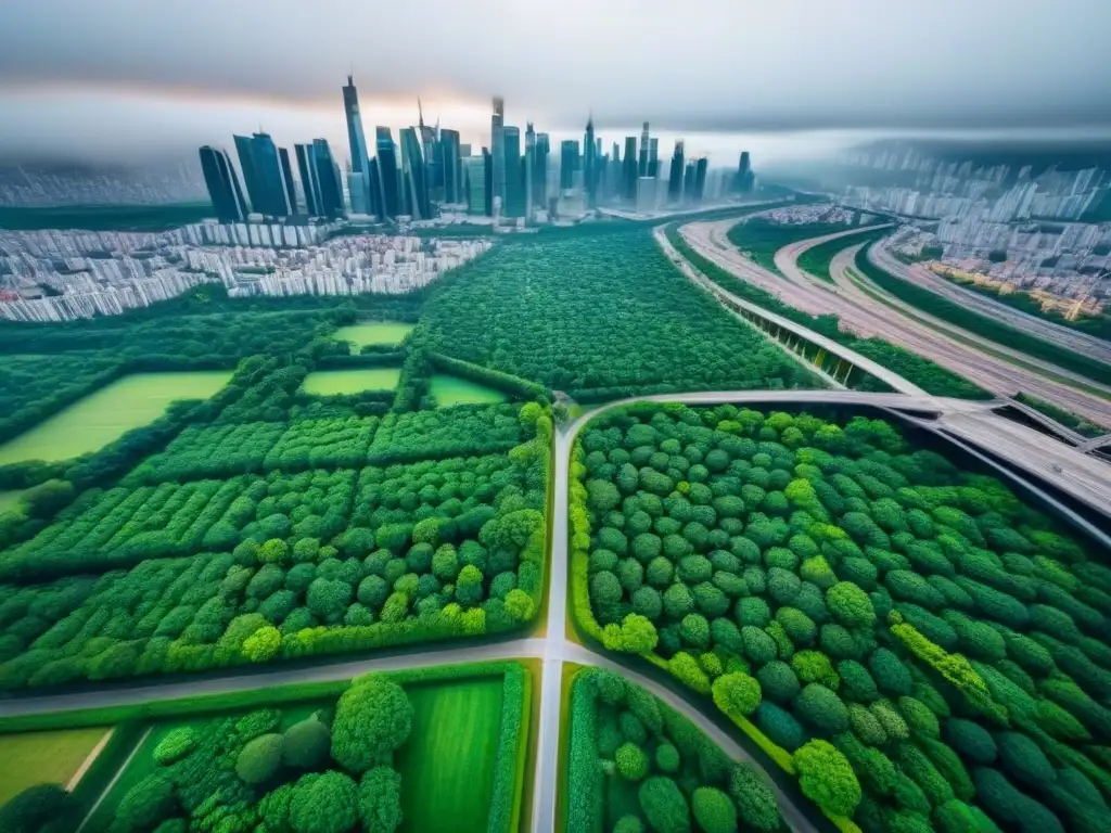 Vista aérea impresionante de una ciudad moderna en crecimiento Vista aérea impresionante de una ciudad bulliciosa con rascacielos modernos, parques verdes y una red de autopistas, simbolizando el crecimiento y desarrollo en una metrópolis moderna influenciada por la ubicación geográfica