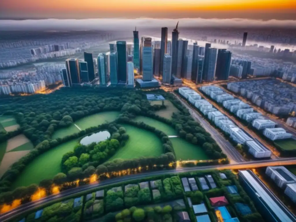 Inversiones inmobiliarias: panorámica urbana vibrante y lucrativa Vista aérea impresionante de una ciudad bulliciosa con rascacielos y áreas verdes, ideal para invertir en inmuebles