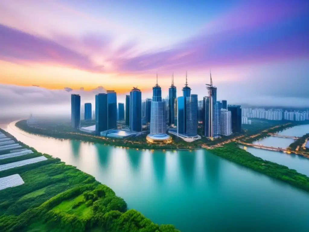 Horizonte urbano al atardecer: arquitectura moderna y naturaleza en armonía Vista aérea impresionante de una ciudad moderna al atardecer, con rascacielos y parques verdes, simbolizando ética en inversiones inmobiliarias