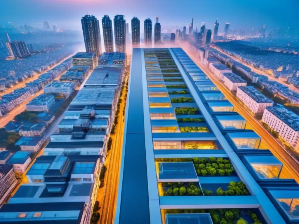 Vibrante metrópolis futurista: arquitectura moderna en la era digital Una vista aérea impresionante de una ciudad llena de rascacielos modernos, reflejando la energía vibrante del paisaje urbano