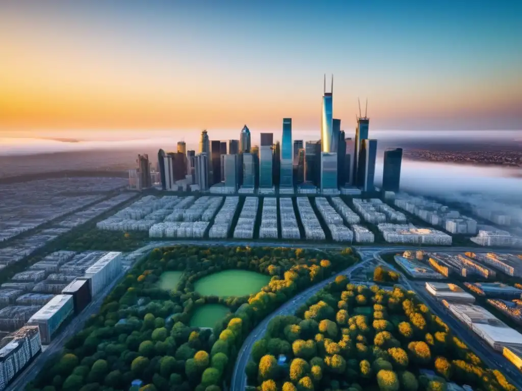 Metrópolis dorada: Real Estate en crecimiento Una vista aérea impresionante de una ciudad moderna con rascacielos elegantes y calles bulliciosas, mostrando un mercado inmobiliario vibrante
