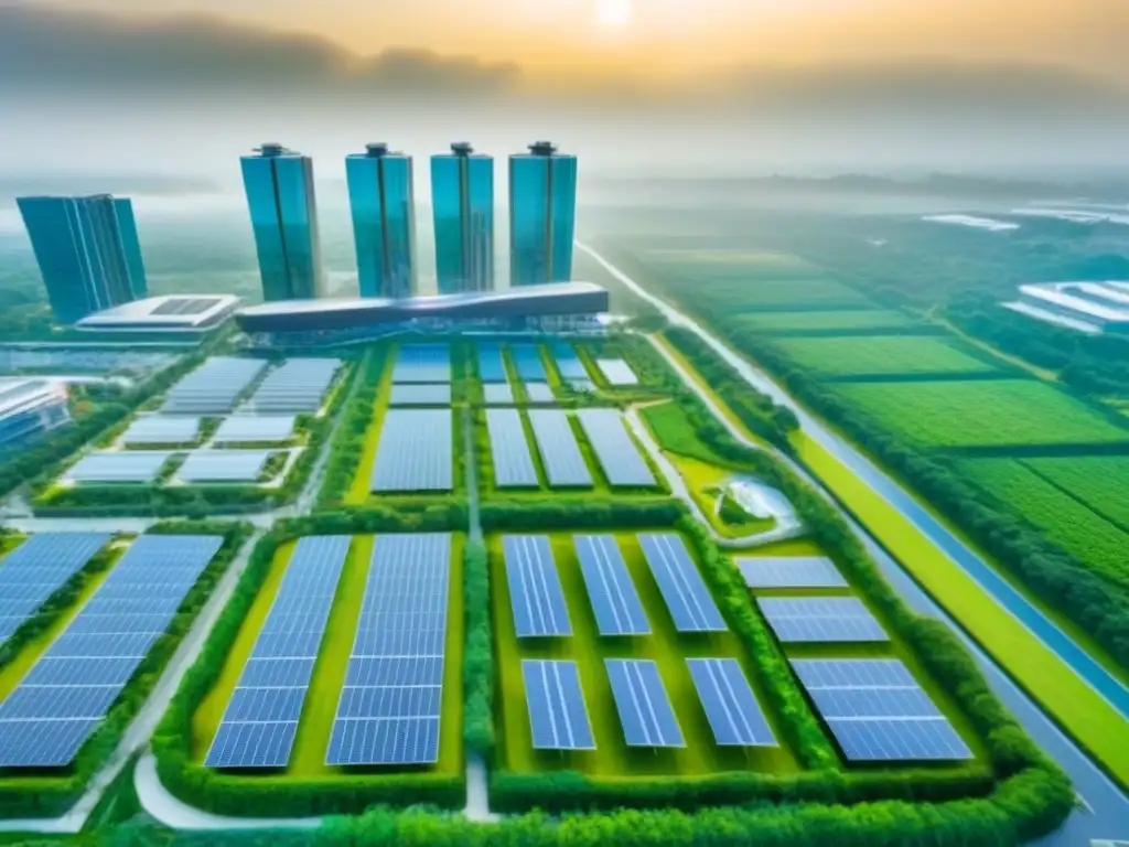 Metrópolis sostenible: arquitectura verde y innovadora Vista aérea impresionante de una ciudad moderna sostenible con edificios LEED, techos verdes y paneles solares