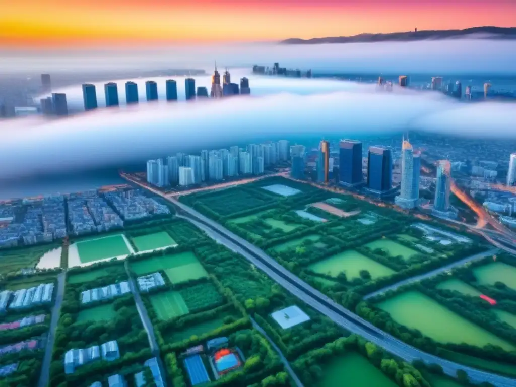 Metrópolis vibrante: modernos rascacielos en entorno urbano en auge Vista aérea impresionante de una ciudad bulliciosa con rascacielos modernos y espacios verdes, simbolizando el potencial de proyectos inmobiliarios