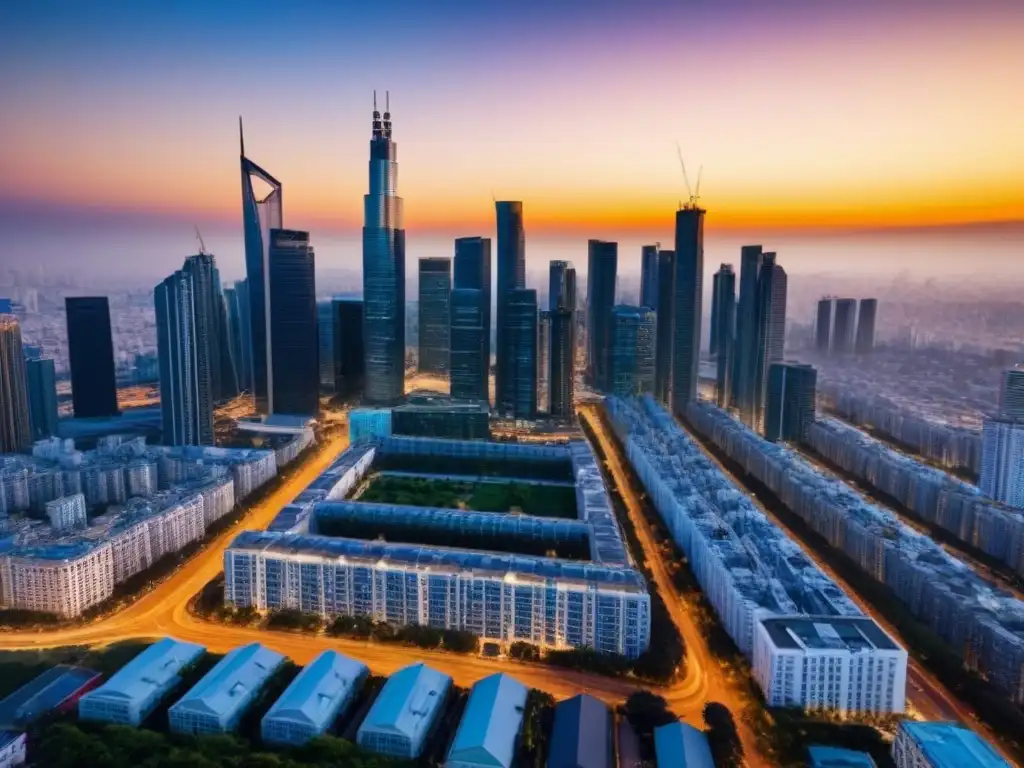 Vibrante ciudad moderna: mercado inmobiliario en auge Vista aérea impresionante de una ciudad bulliciosa con rascacielos y edificios residenciales, reflejando la diversidad arquitectónica