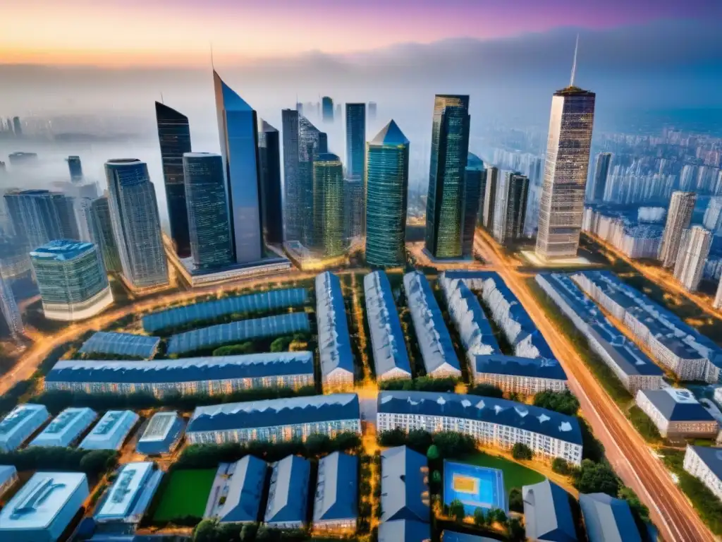 Panorama urbano moderno: valuación inmobiliaria Vista aérea impresionante de una ciudad moderna con rascacielos, edificios residenciales y espacios verdes, destacando la Importancia de tasación en financiamiento