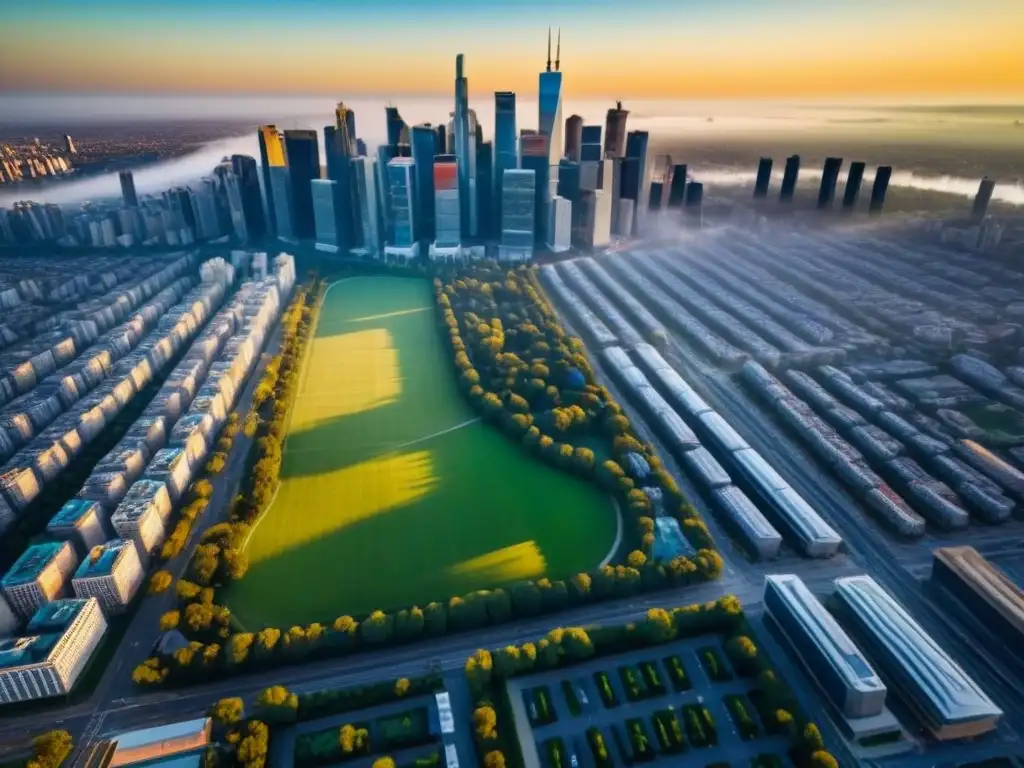 Espléndida panorámica urbana con rascacielos y moderna arquitectura Vista aérea impresionante de una ciudad organizada con rascacielos altos proyectando sombras largas sobre un centro urbano bullicioso