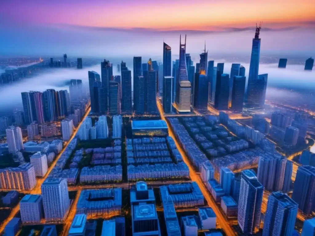 Metrópolis vibrante: arquitectura moderna en distrito financiero Vista aérea impresionante de una ciudad moderna con rascacielos, reflejando el dinamismo de los distritos financieros