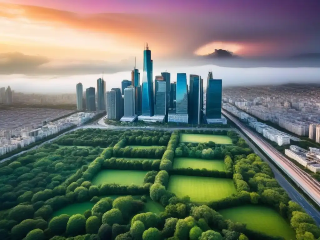 Vista aérea impresionante de ciudad moderna: progreso inmobiliario Vista aérea impresionante de una ciudad moderna con rascacielos elegantes, calles bulliciosas y parques vibrantes, reflejando un entorno urbano próspero que simboliza el progreso y crecimiento en la industria inmobiliaria