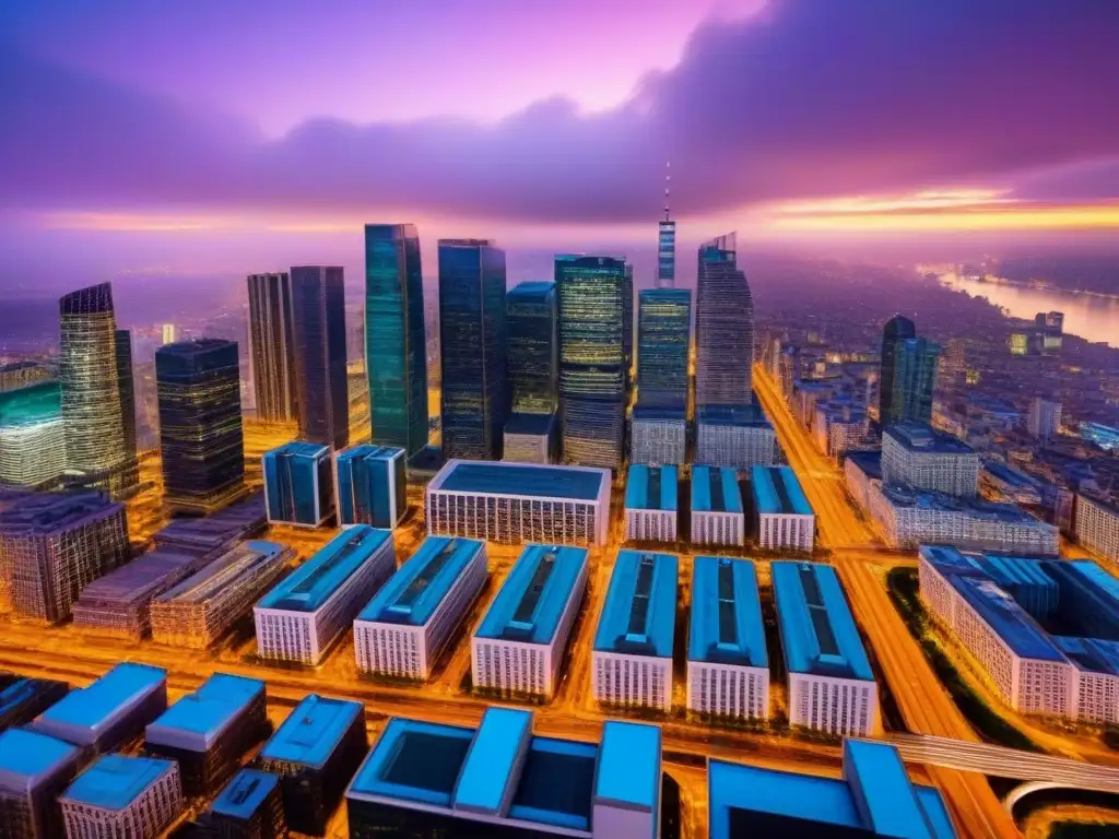 Horizonte urbano al atardecer: luces y modernidad en la ciudad Vista aérea impresionante de una ciudad brillante al anochecer, con rascacielos iluminados por luces vibrantes