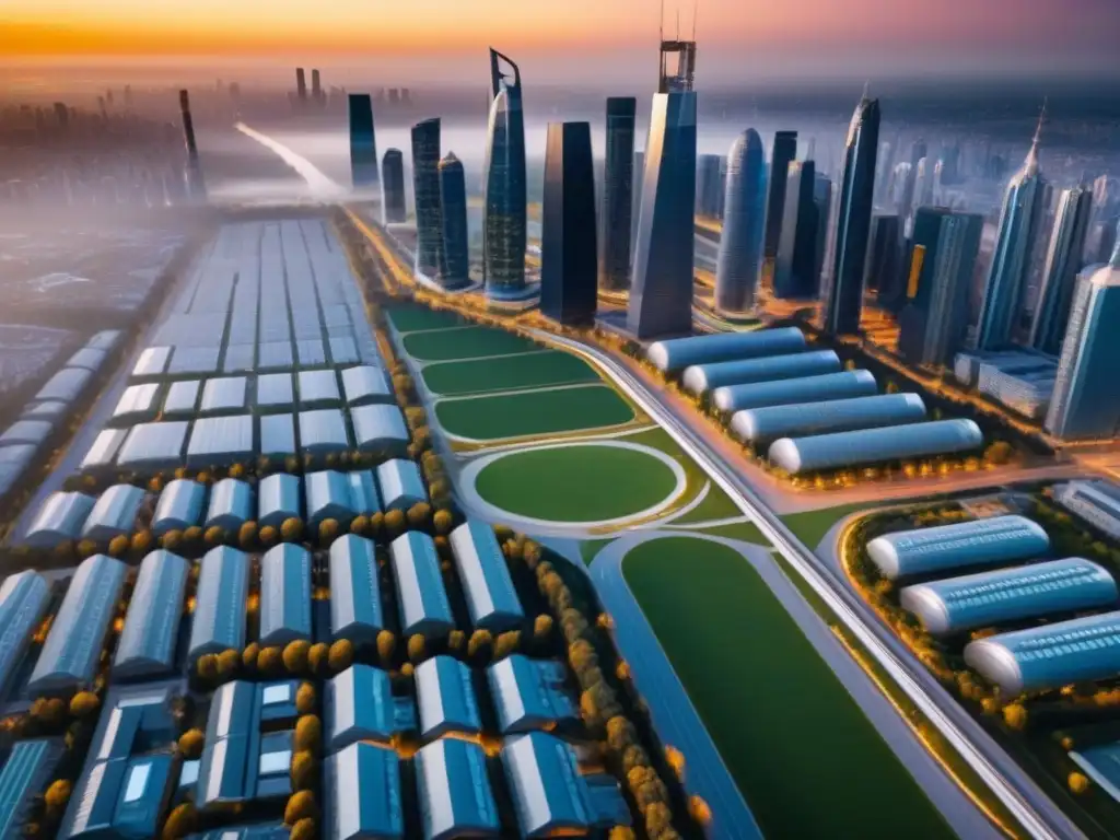 Metrópolis futurista: crecimiento urbano y modernidad en atardecer Vista aérea impresionante de una ciudad en crecimiento rápido con rascacielos modernos, áreas verdes y calles con vehículos eléctricos