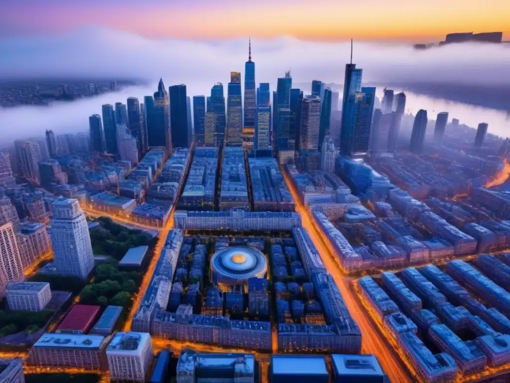 Vibrante ciudad: mezcla de rascacielos y edificios históricos Vista aérea impresionante de una ciudad vibrante, con mezcla de rascacielos modernos y edificios históricos