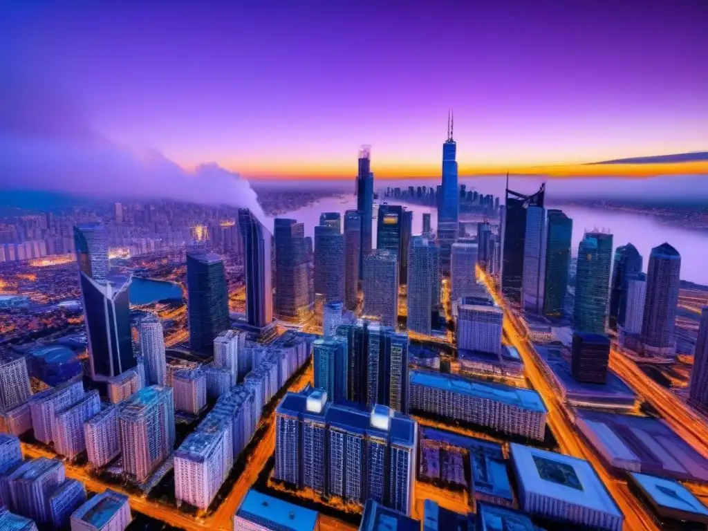 Cityscape al atardecer: luces vibrantes y arquitectura moderna Vista aérea impresionante de ciudad al anochecer, con rascacielos iluminados y un cielo púrpura y naranja vibrante