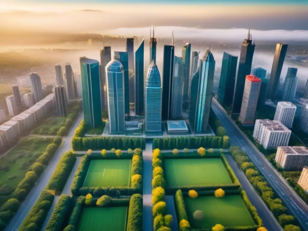 Panorámica impactante de la ciudad: mercado inmobiliario en auge Vista aérea impresionante de una ciudad bulliciosa con rascacielos modernos y edificios residenciales