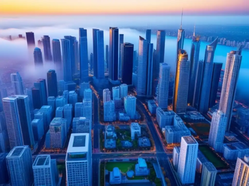 Horizonte urbano: oportunidades de inversión inmobiliaria Vista aérea impresionante de una ciudad moderna llena de rascacielos, reflejando el dinámico mundo del Crowdfunding inmobiliario para inversores