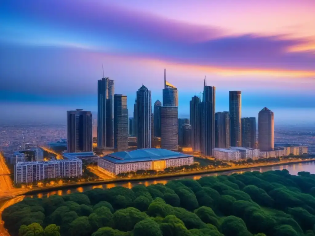 Espléndido atardecer urbano: arquitectura moderna en la ciudad Vista aérea impresionante de una ciudad al atardecer, con arquitectura moderna